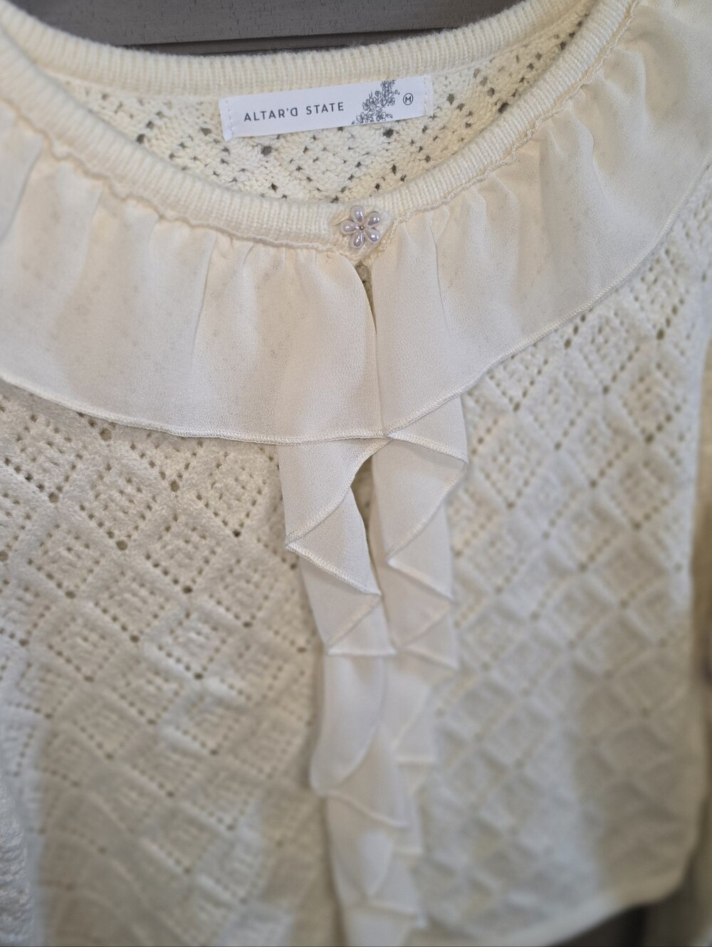 Altar'd State Cream Ruffle-Front Knit Cardigan - Picture 2 of 6